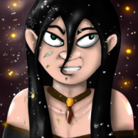 Девушка гоблин. Крупная грудь. Чёрные волосы.